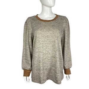 Women’s Lightweight Gray, Brown Crewneck Puff Shoulder Sweater